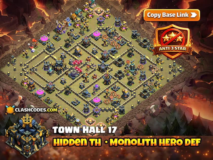 Hidden Town Hall layout with Heroes protecting Monolith compartment