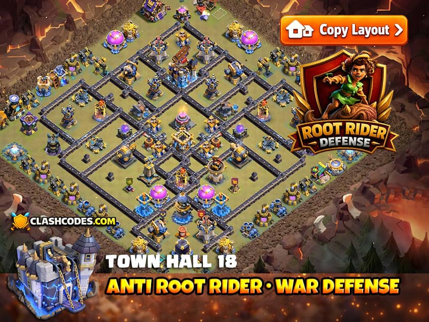Root Rider layout with central Clan Castle that engages with defending troops until attackers reach core