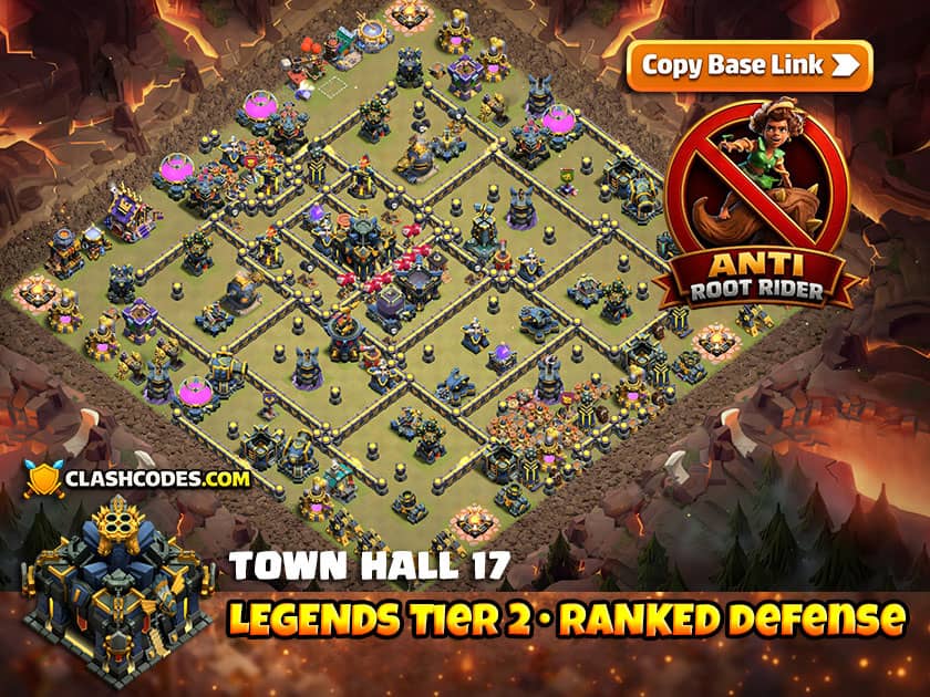 Root Rider defense with Triple Infernos and Side Firespitters protecting TownHall