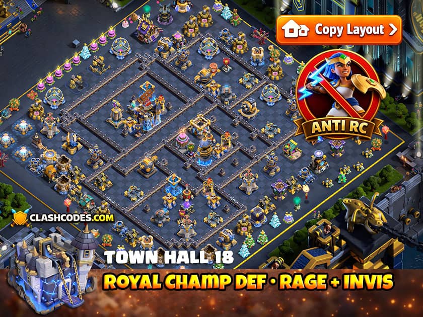 Royal Champion layout with hidden Town Hall and raged defenses on opposite sides
