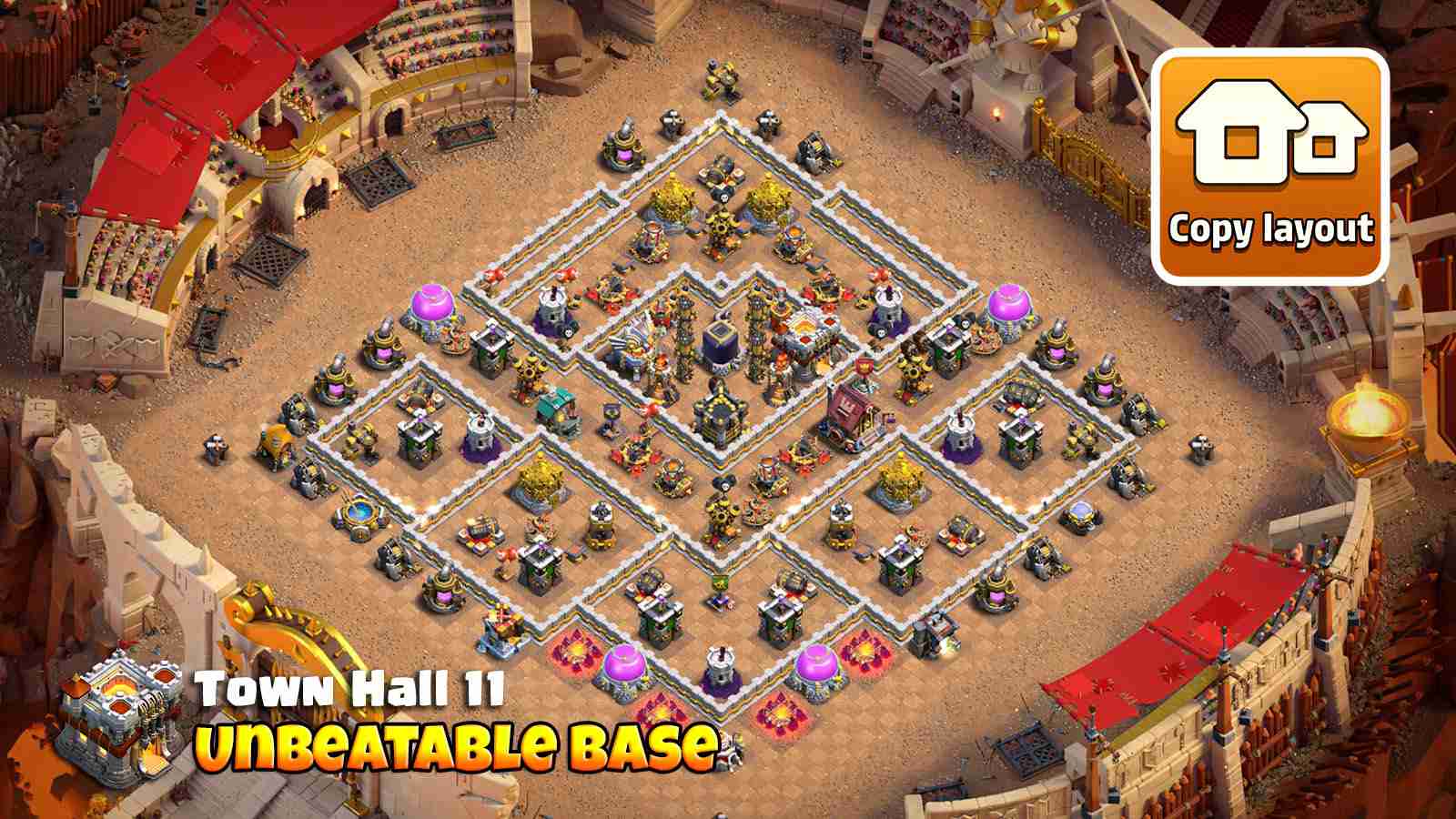 Strong TH11 base layout with balanced defenses