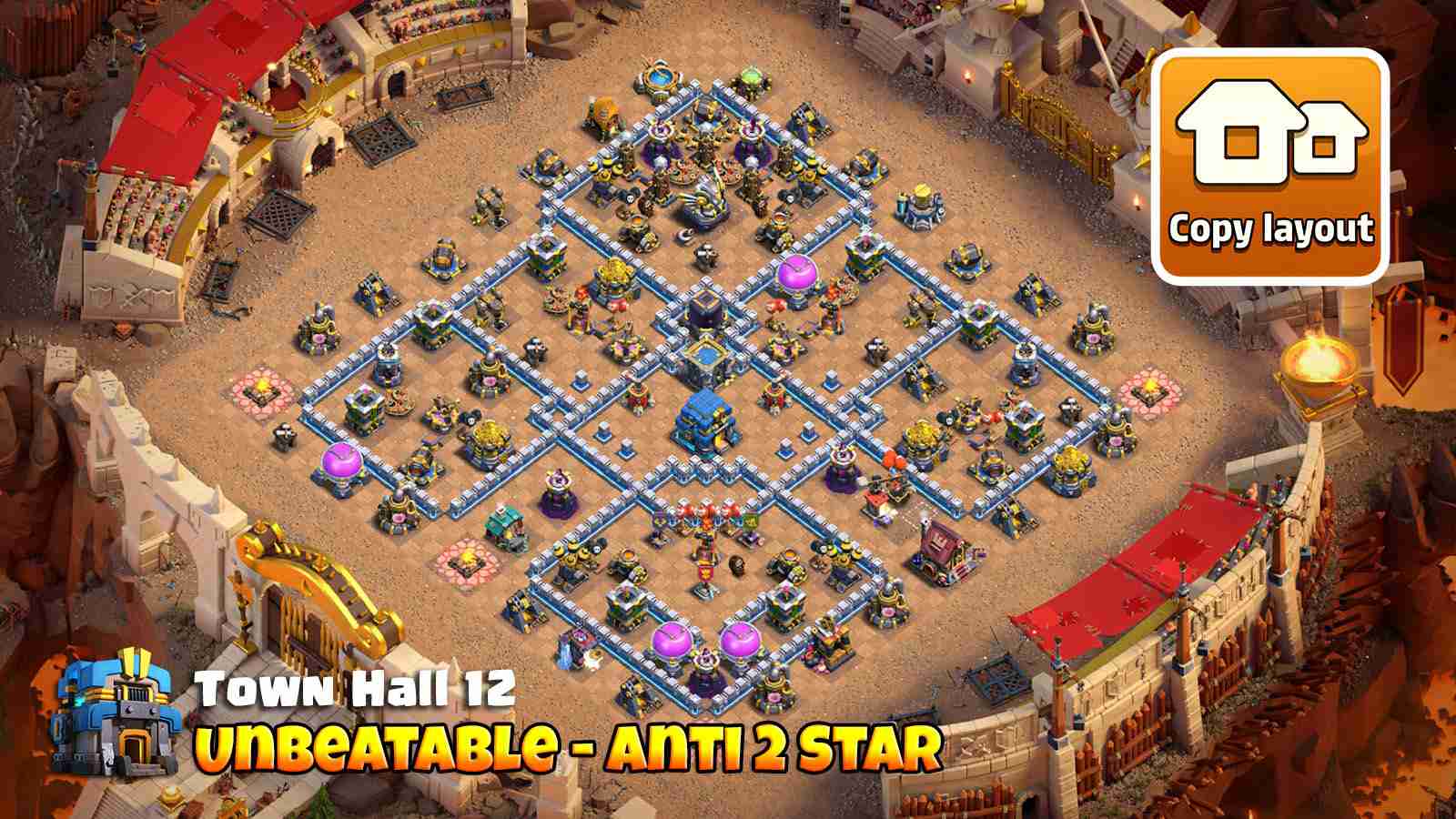 Strong TH12 anti 2 star base with smart Inferno and air defense placement