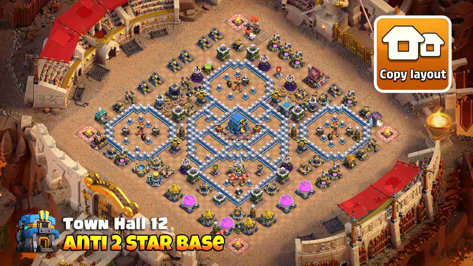 TH12 war base with multiple Inferno islands for max defense