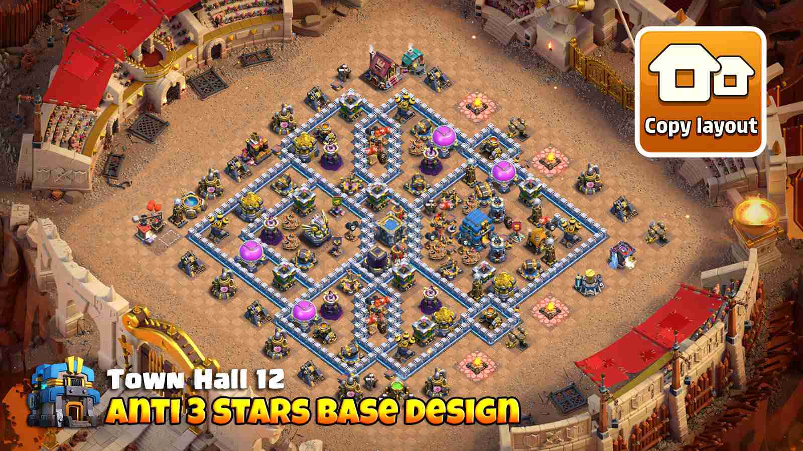 Anti 3 star TH12 base layout with spaced defenses against Electro Dragons