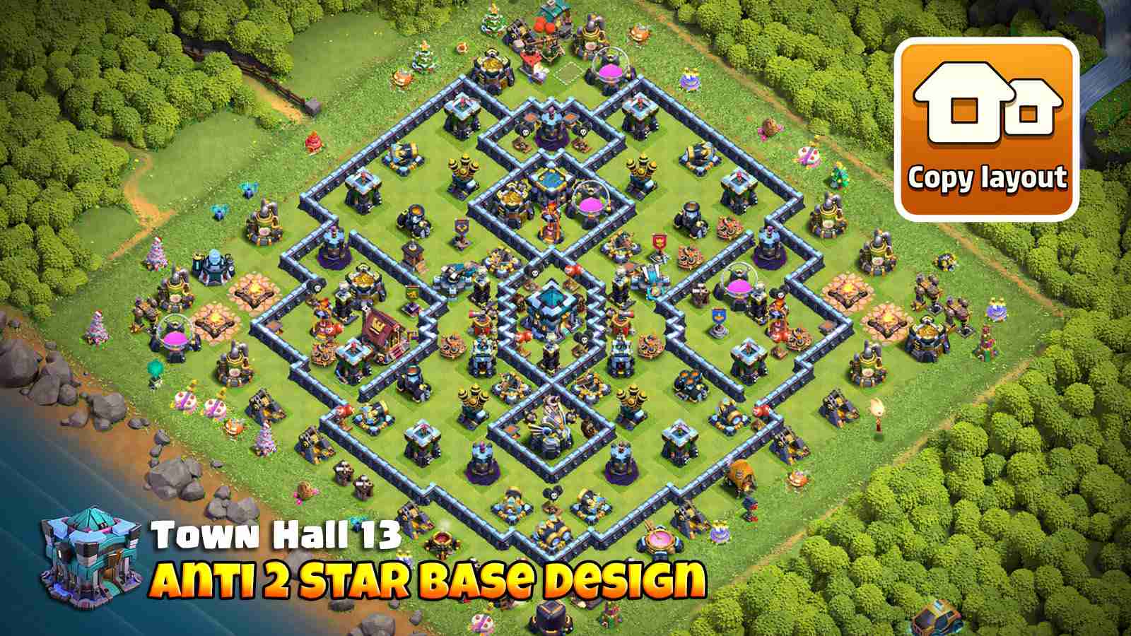 TH13 anti 2 star base with central Town Hall and balanced defense layout