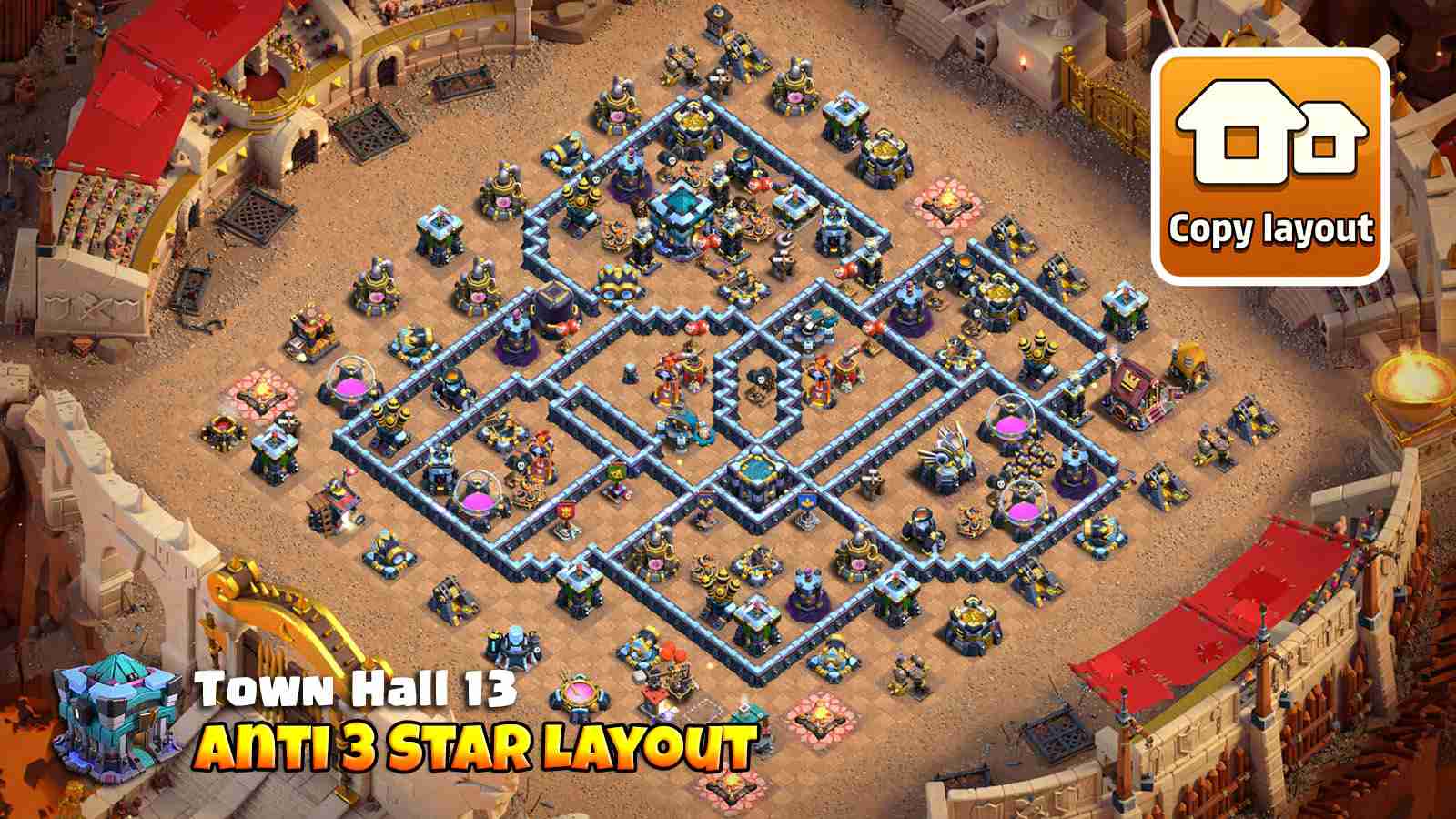 TH13 anti 3 star base with tough funneling and Super Minion CC