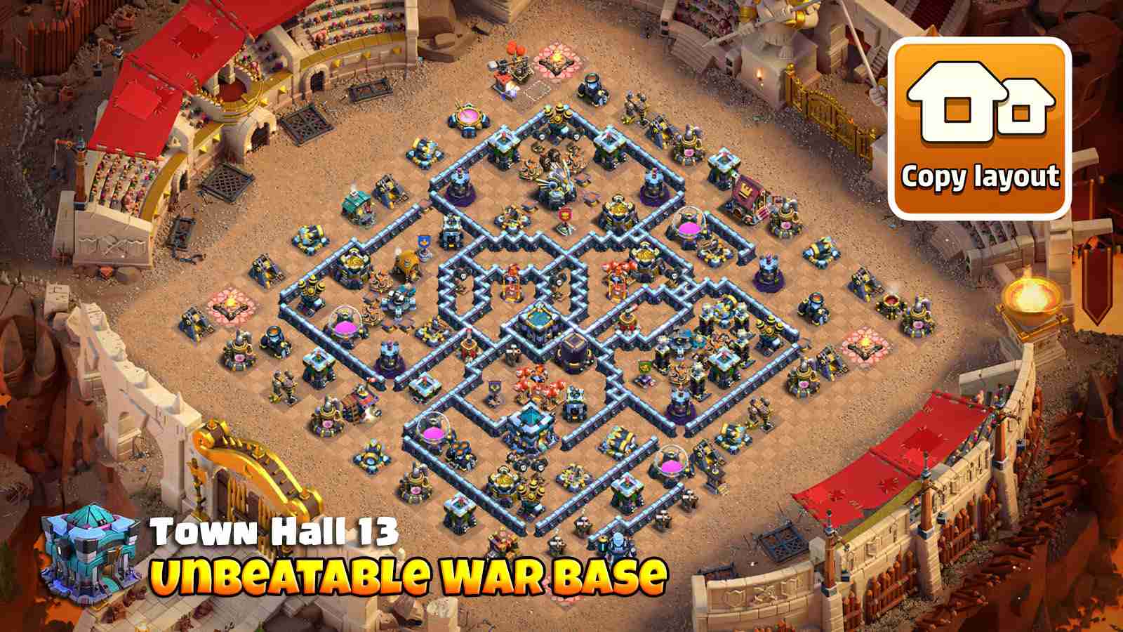 Unbeatable TH13 war base with core Clan Castle and maze like walls
