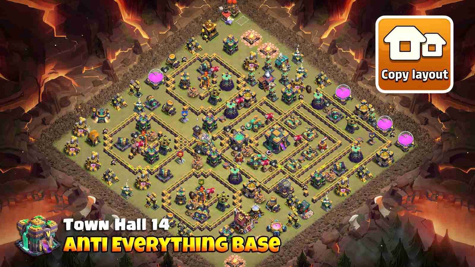 Clash of Clans TH14 war base with stacked multiple X-bows