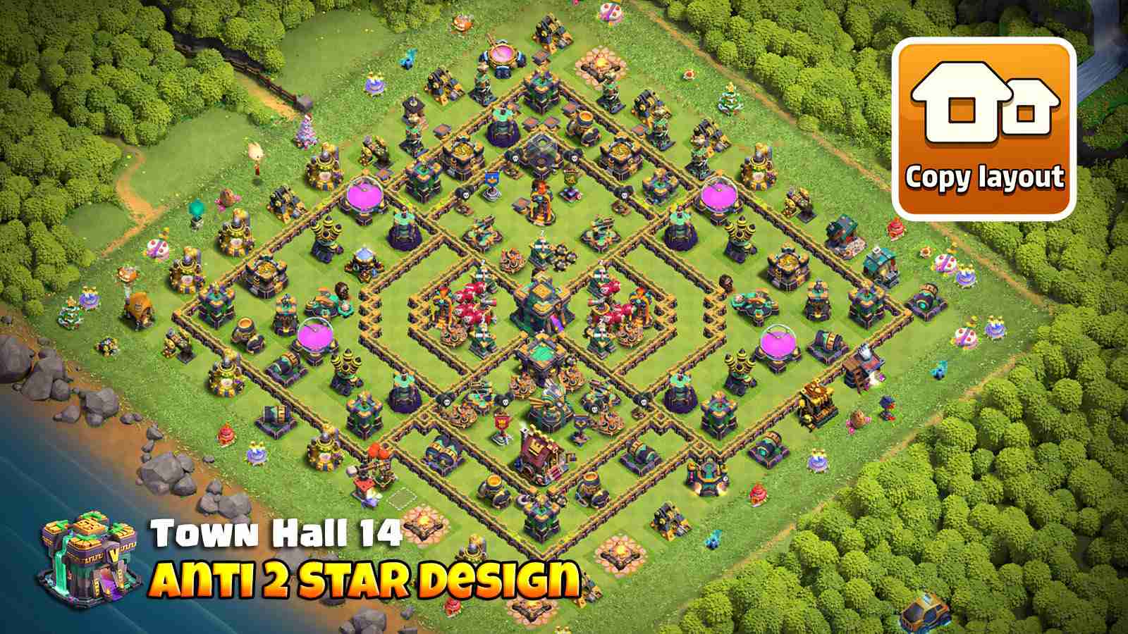 TH14 anti 2 star layout designed for Clan War defense and CWL matchups