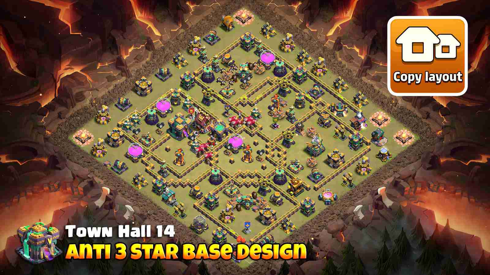 TH14 anti 3 star war base with proven defense in Legend League and CWL