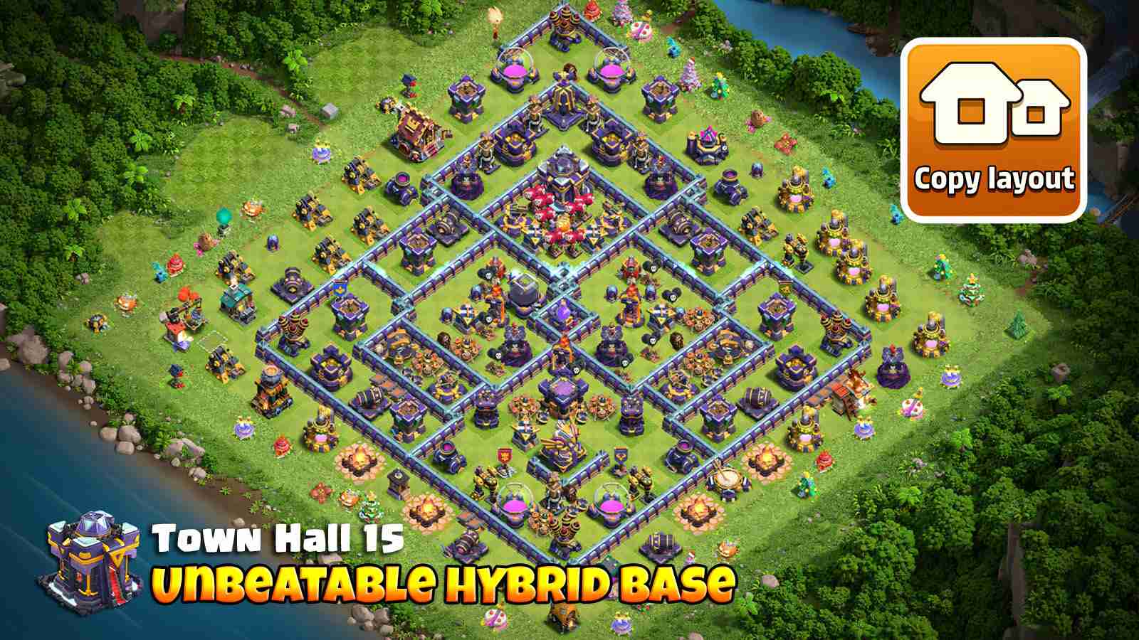 TH15 Hybrid Base with Healing Builder Huts near Infernos