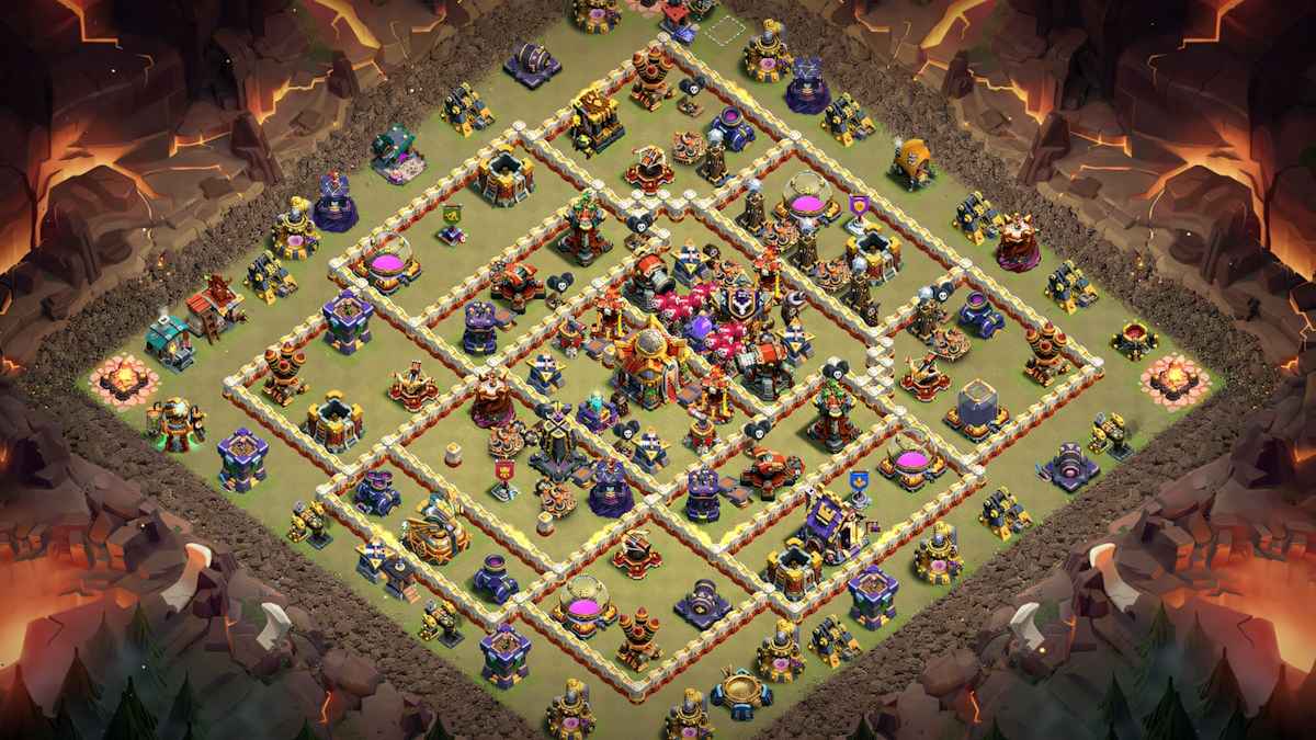 Hybrid TH16 Base defending Hog Riders, Root Riders and Electro Dragons with air / ground defense