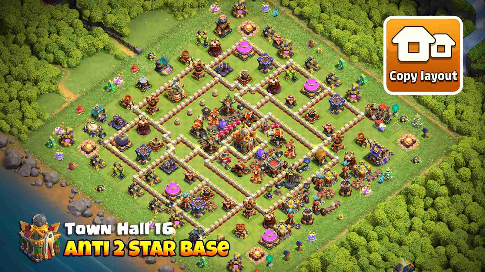 TH16 war base with core Scattershots, Rage Towers and heroes