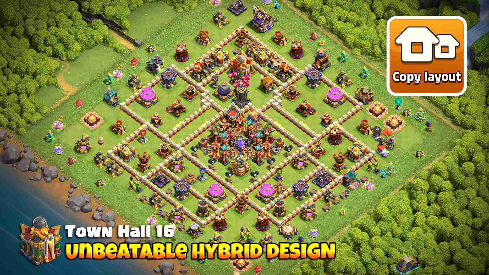 TH16 hybrid base with edge Town Hall and effective Air Defense placements
