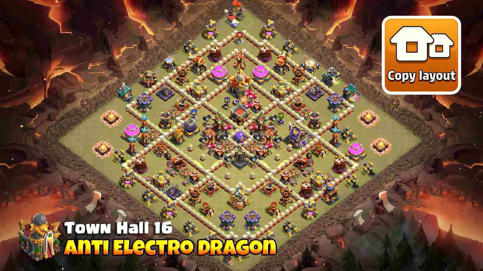 TH16 layout with spaced defenses and dead zones to counter Electro Dragons