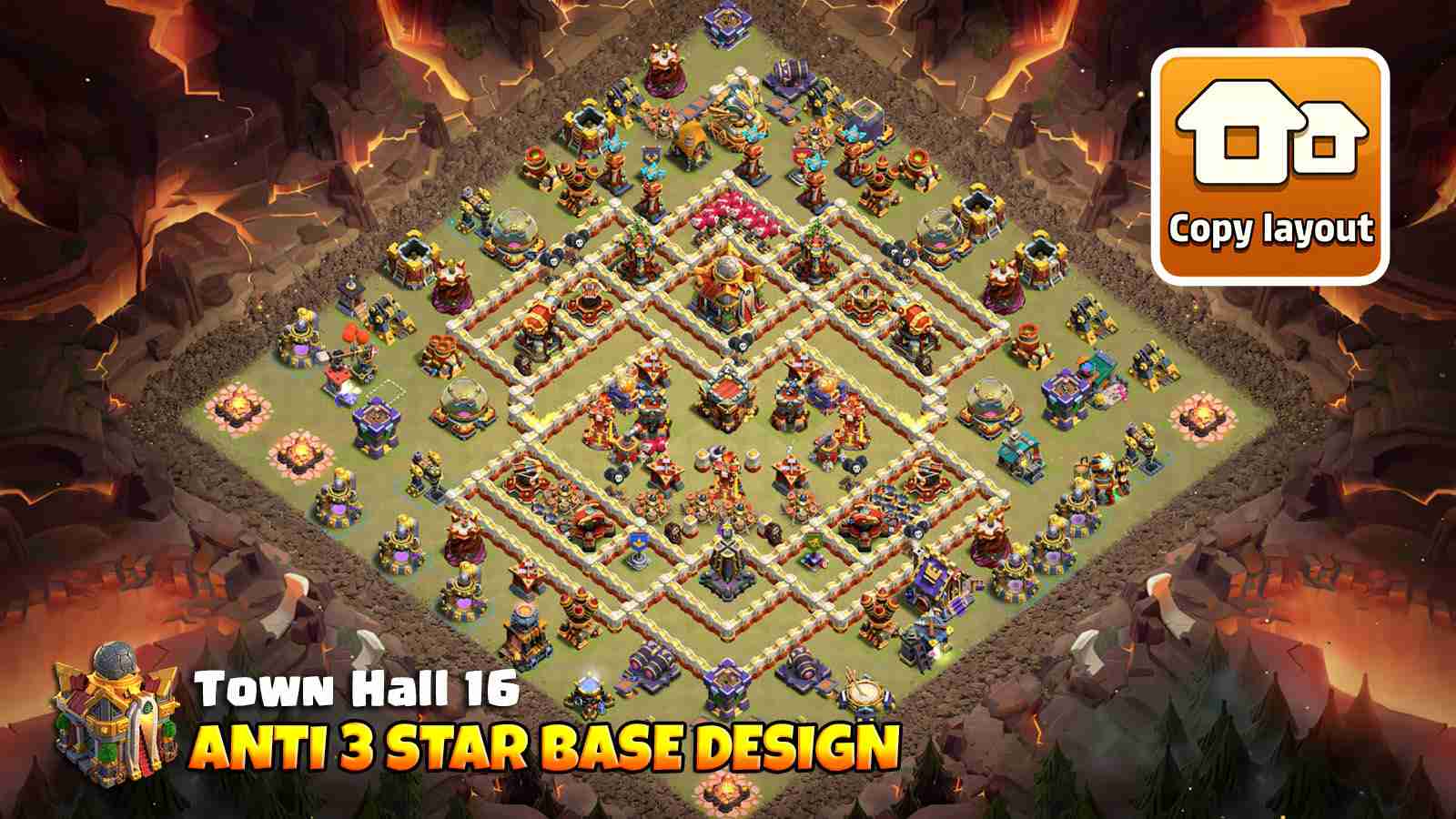 TH16 base layout with Eagle Artillery upfront, Infernos in core at right angles and dead zones disrupting troop funneling