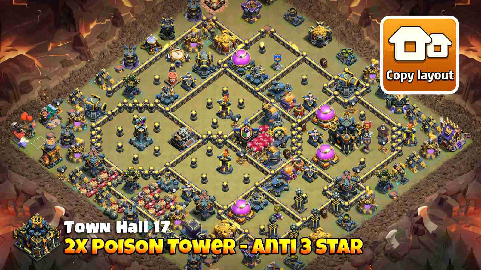 Base layout with Poison Spell Towers slowing enemy troops