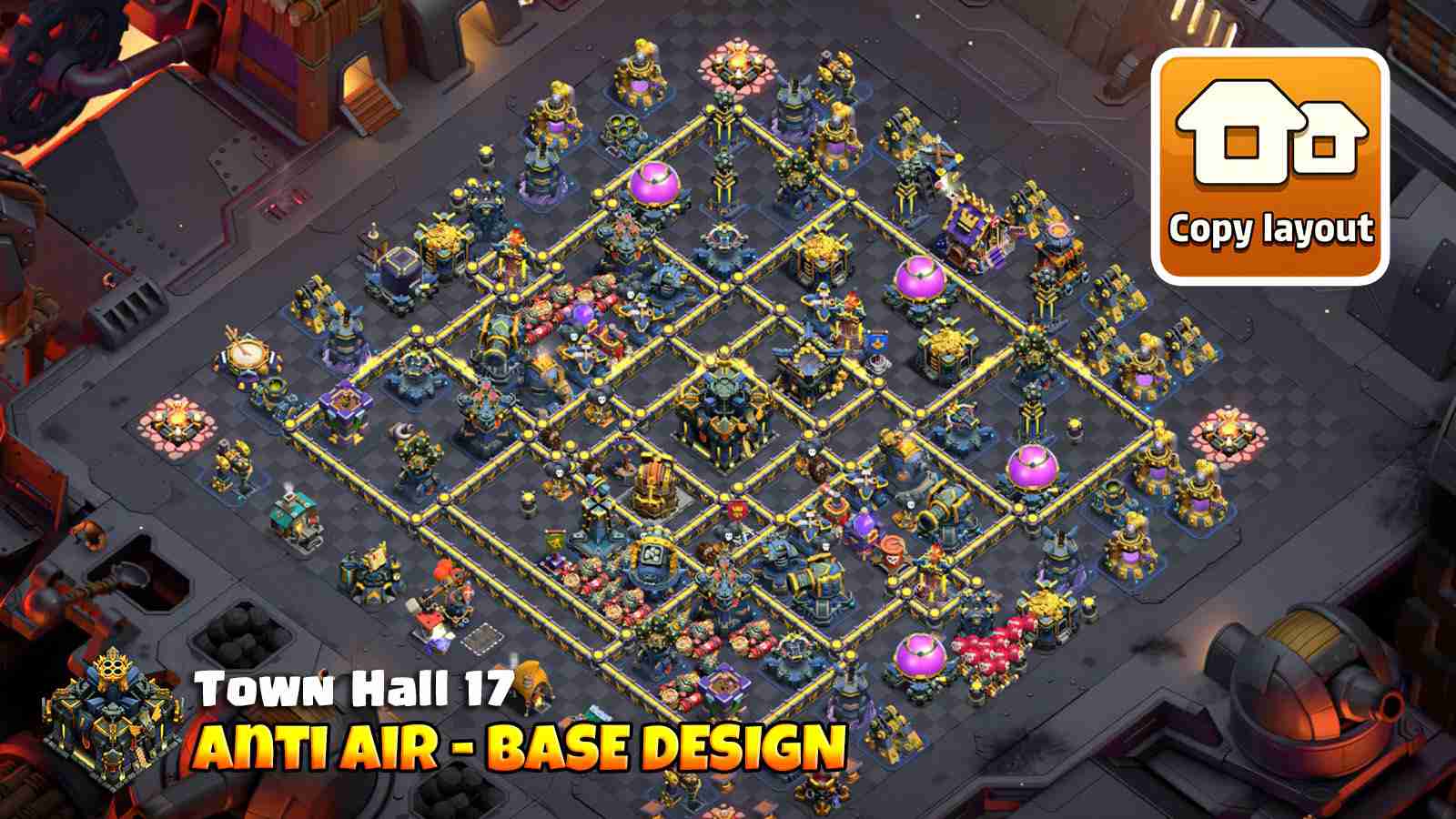 TH17 anti air base with Hook Tower, Rage Tower and high damage defense to crush Dragons in CWL and Clan War
