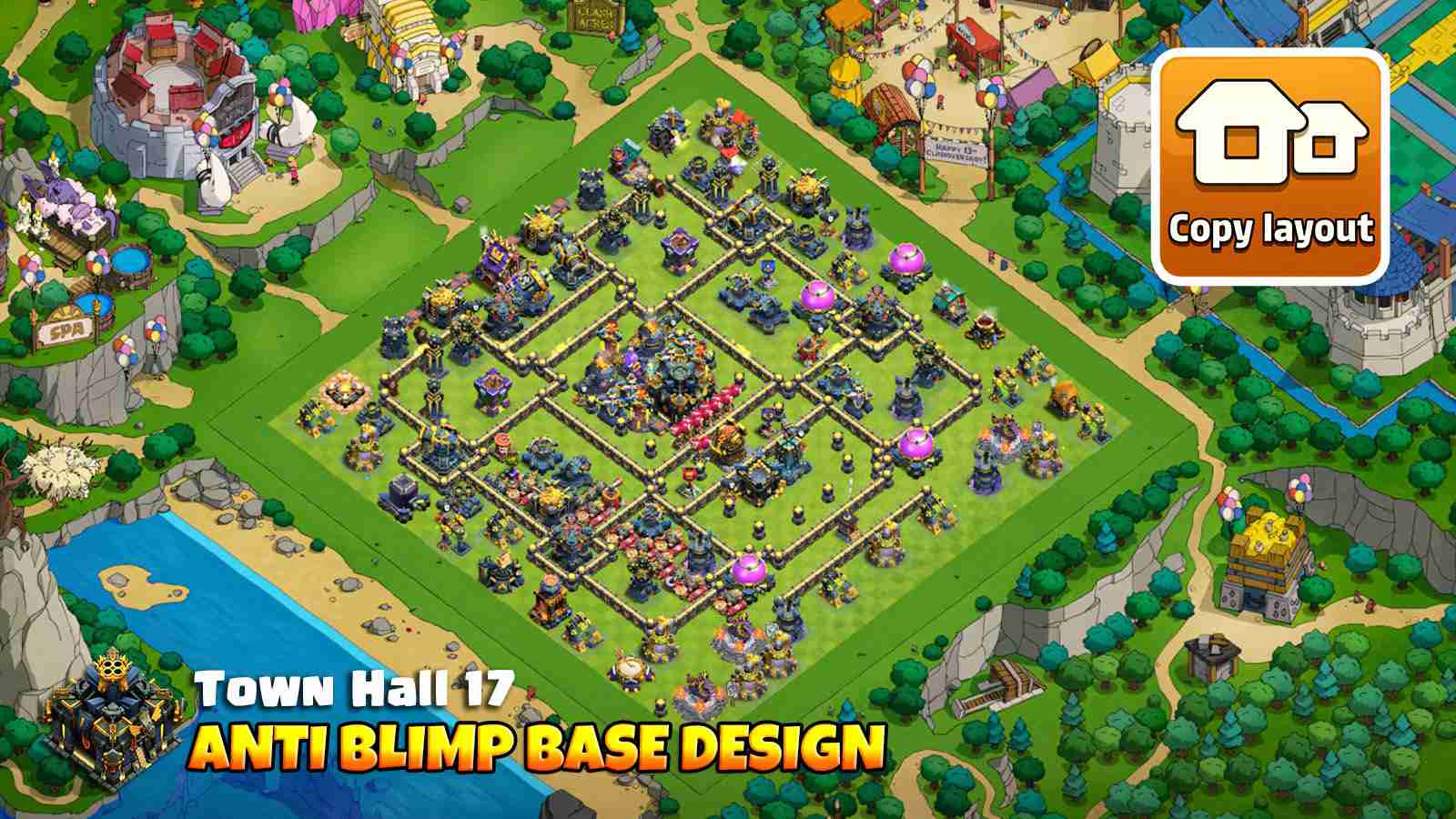 TH17 anti blimp base layout showing traps and Invisibility Spell Tower defense in Clash of Clans