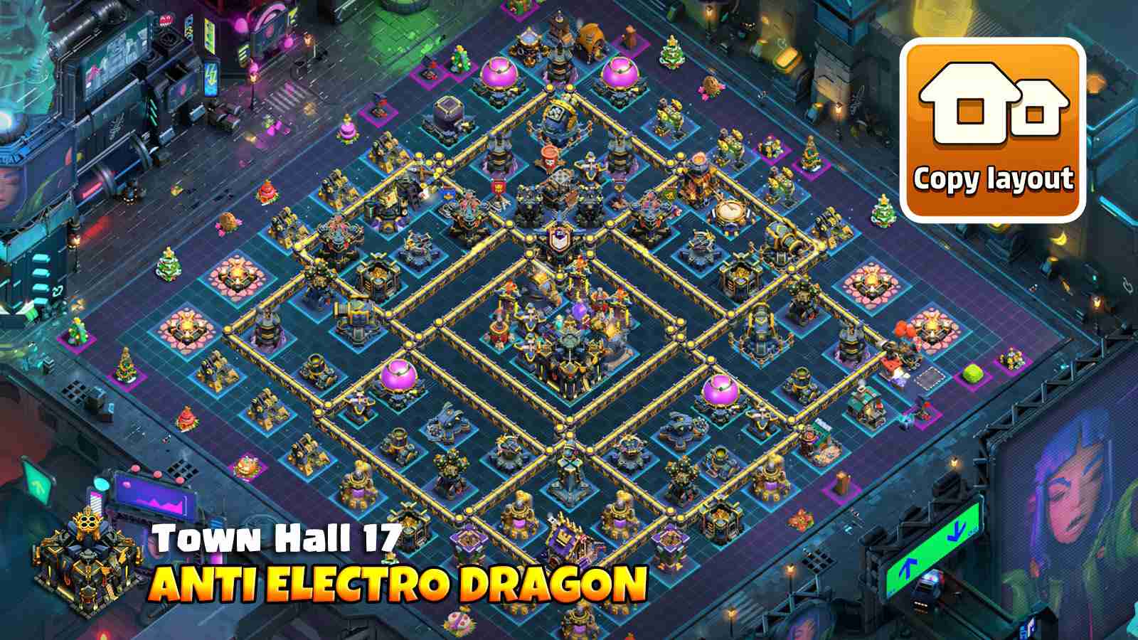 TH17 base layout showing Town Hall defense with Infernos and Air Sweepers against Electro Dragons