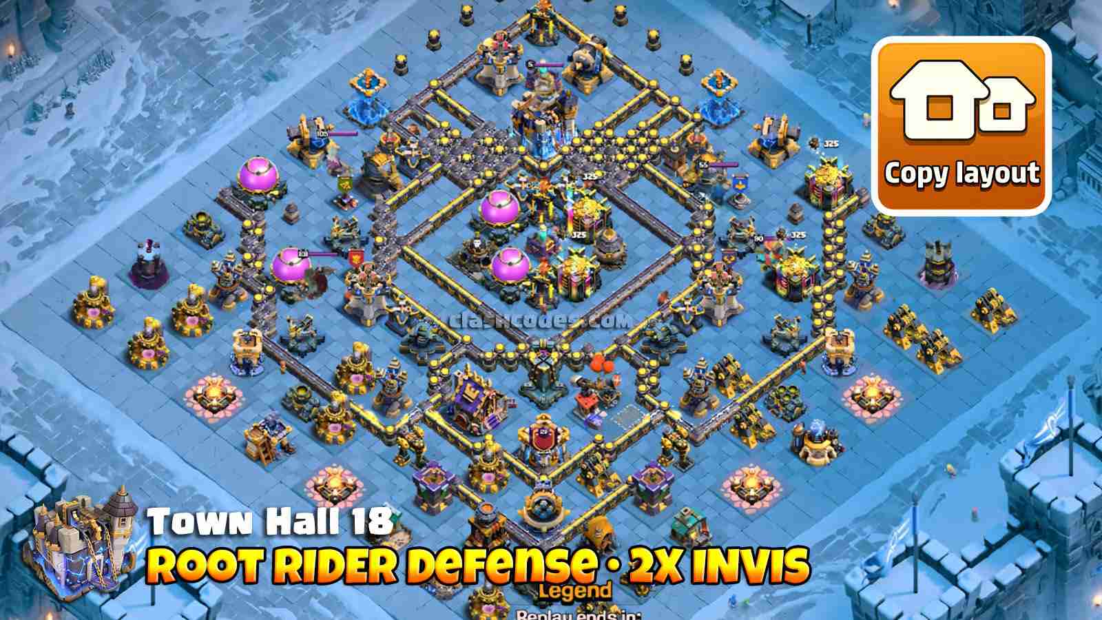 Base TH18 con Ayuntamiento con Invisibilidad e Infernos y grandes zonas muertas para una fuerte defensa contra Root Riders.