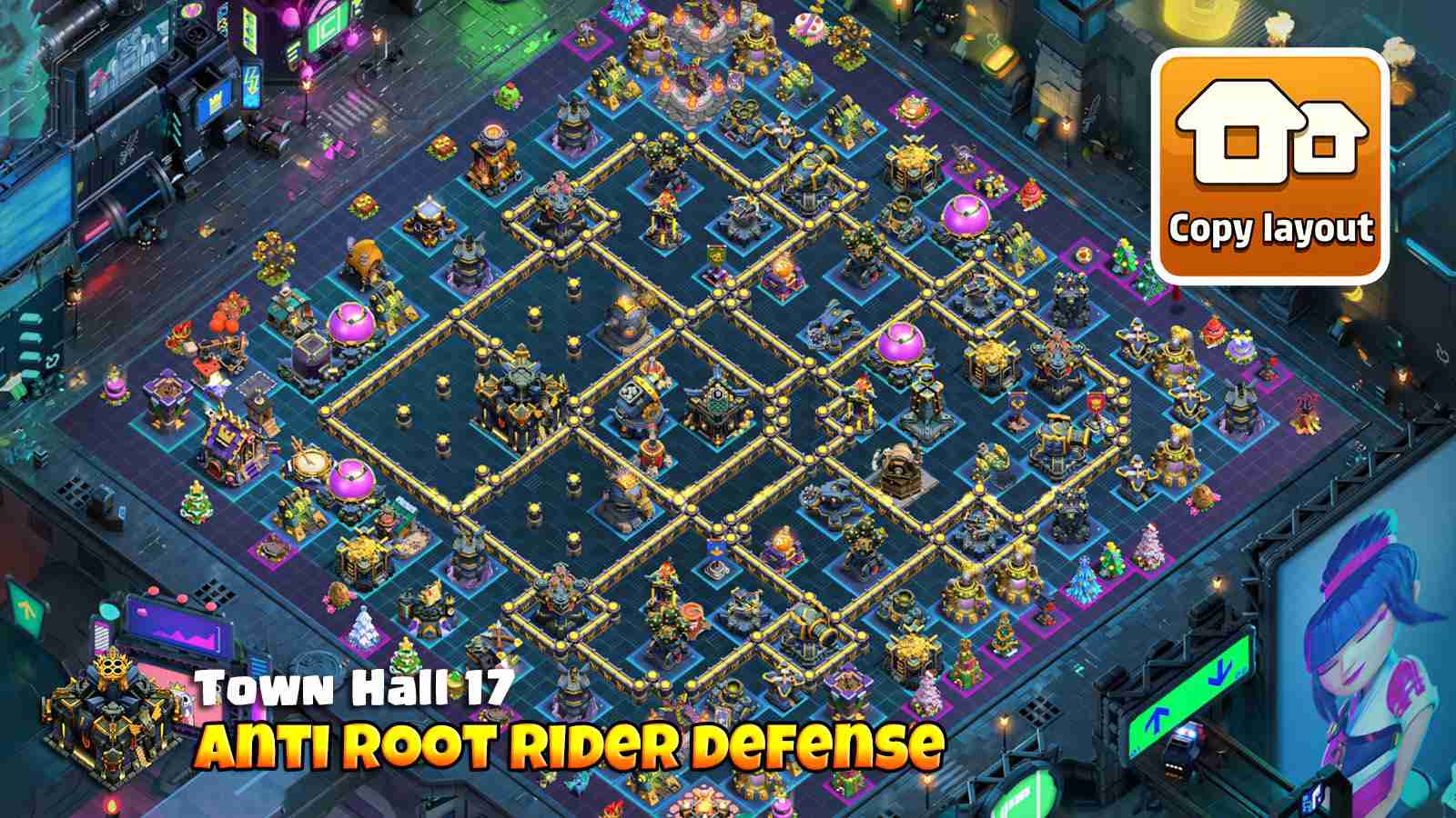TH17 base with Monolith defended by heroes, multi islands and deadzones slowing Root Riders and funneling troops away from Town Hall Core