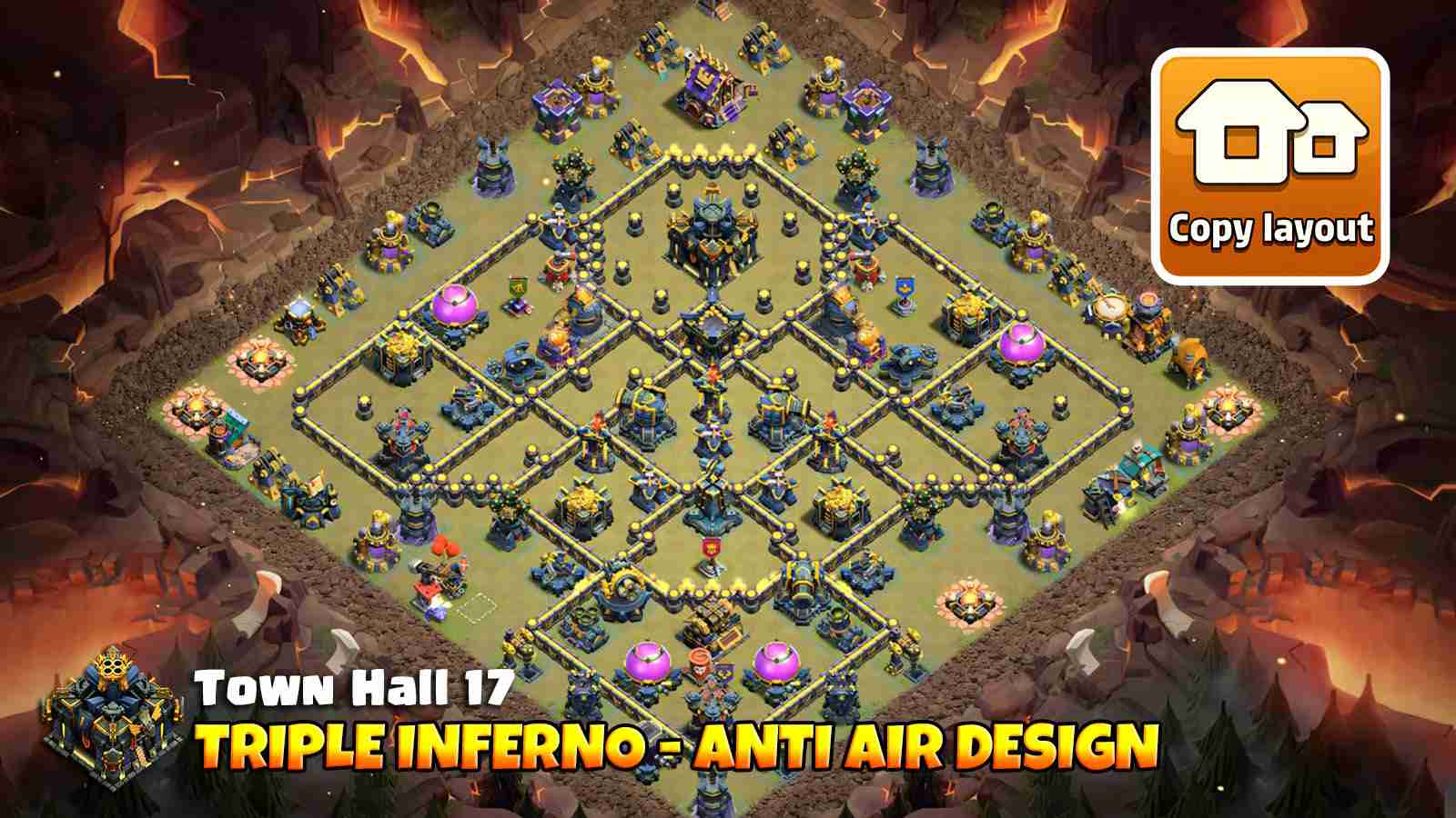 TH17 war base showing triple inferno core, deadzones and key defenses