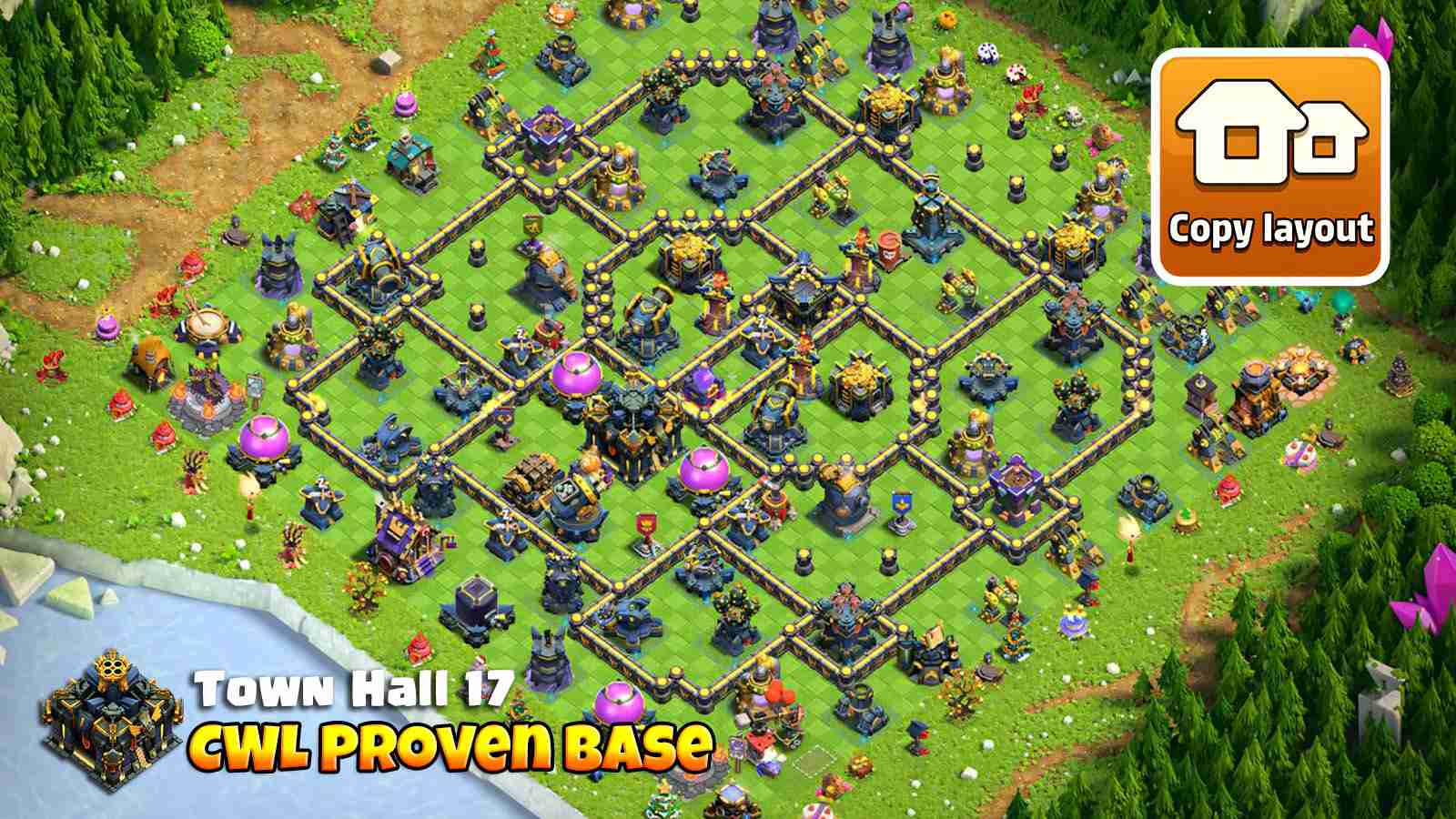 TH17 Anti Everything layout optimized for CWL with Poison Tower, Monolith and strong hero defense