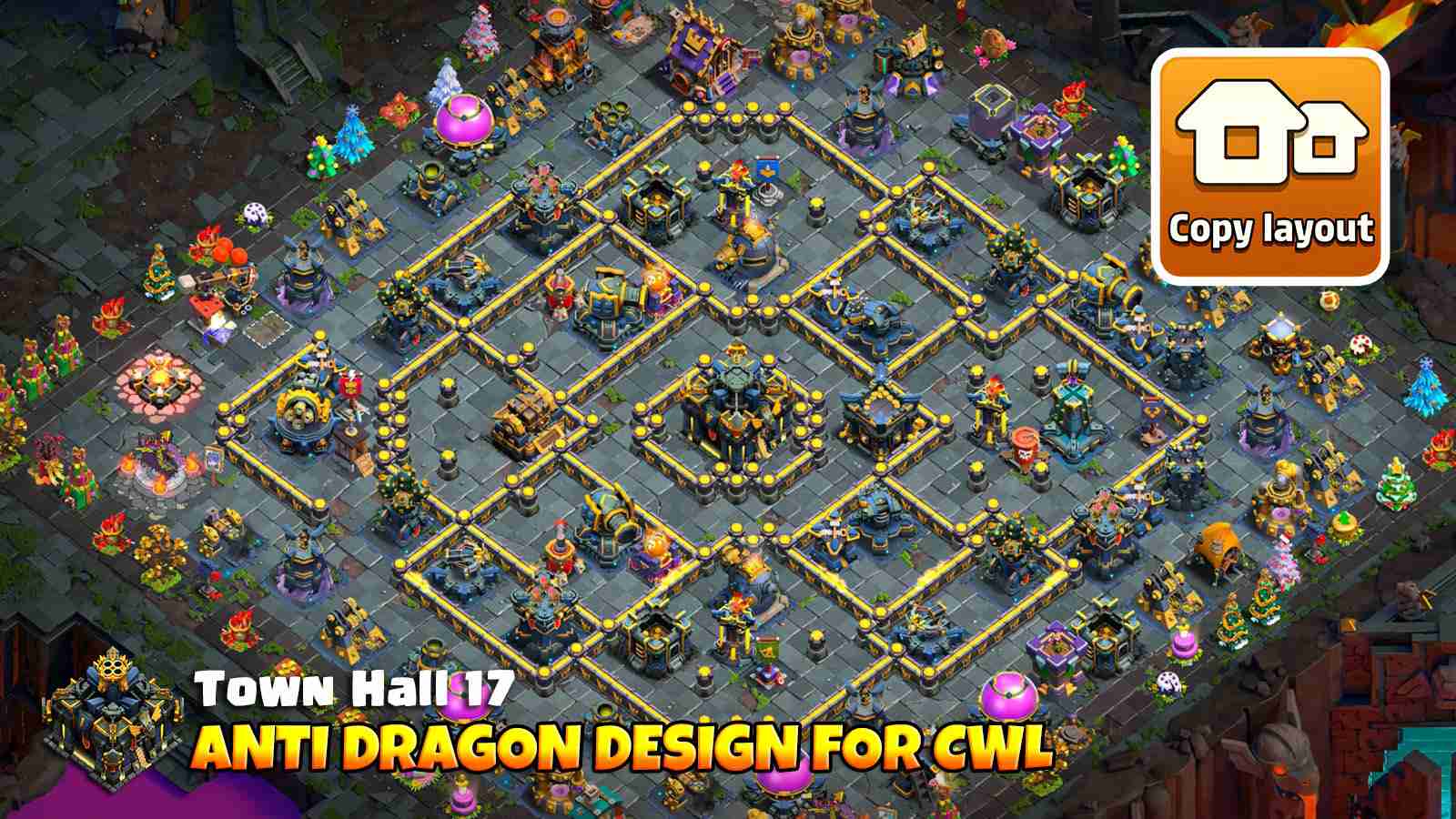 TH17 base layout forcing air troops to split with King near Multi-Gear Tower