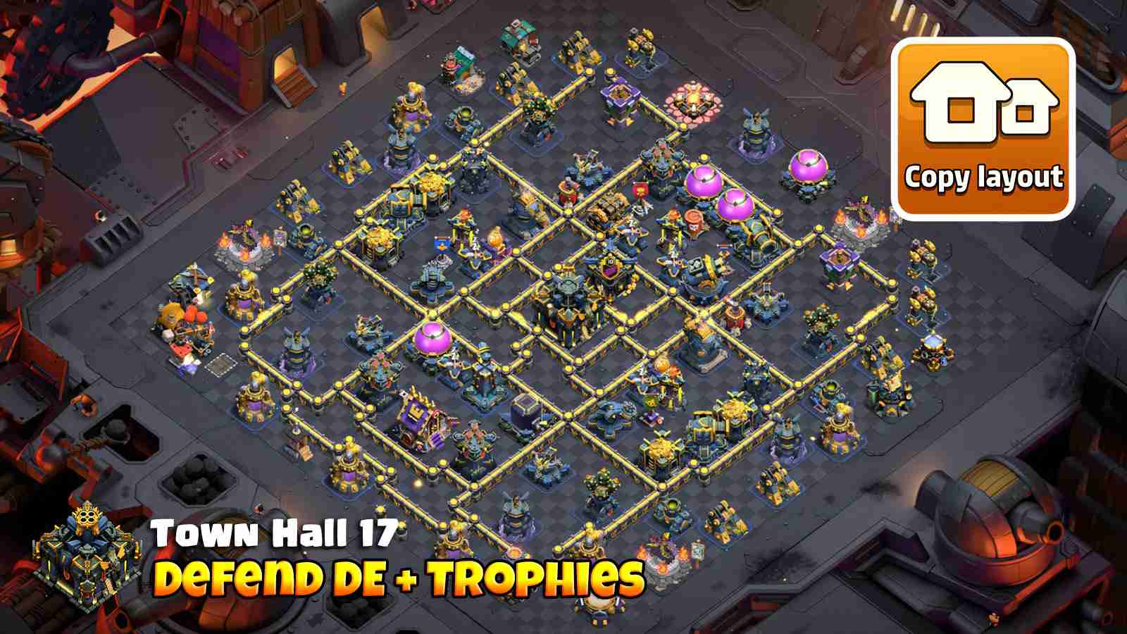 TH17 design with Dark Elixir protected by Monolith and Scattershots, balanced for trophy defense and war.