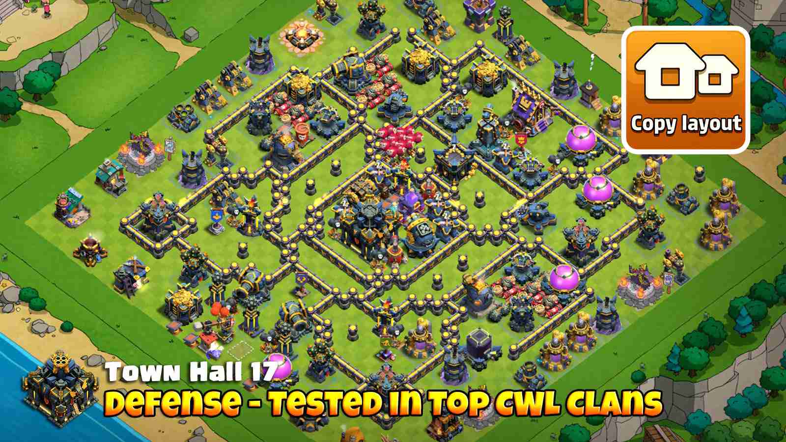 TH17 CWL base layout with Town Hall invisibility, builder healing, deadzones and high damage zone from Monolith, Scattershots and X-Bows