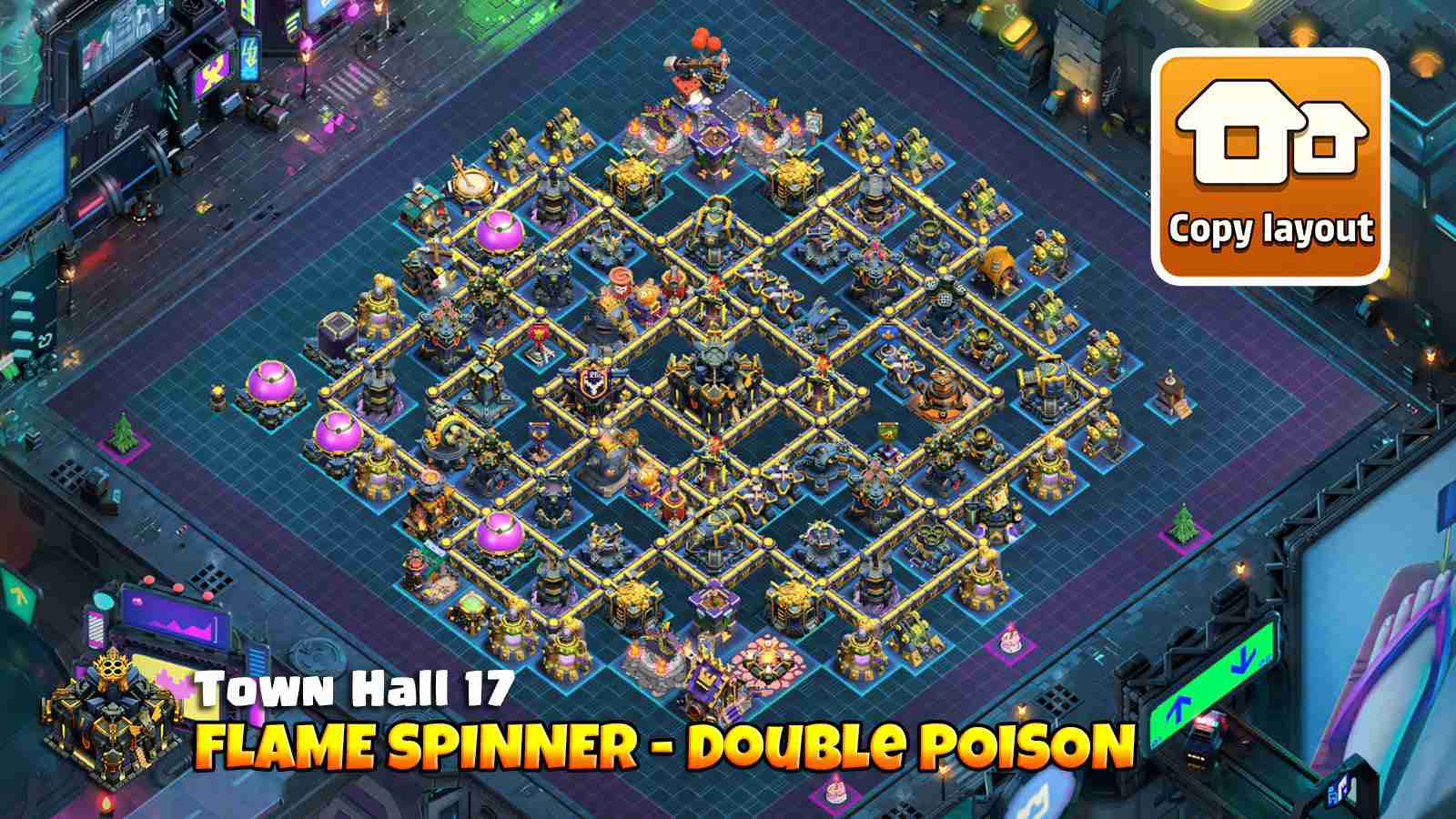 Flame Spinner and heroes guard Town Hall for strong defense