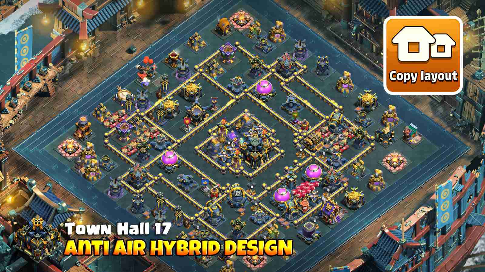 Town Hall 17 layout with Rage and Invisibility Towers boosting Infernos and Firespitters
