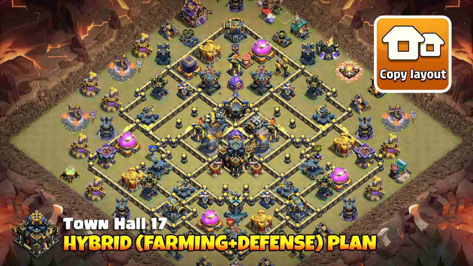 TH17 farming base with storages protected by heroes and key defenses