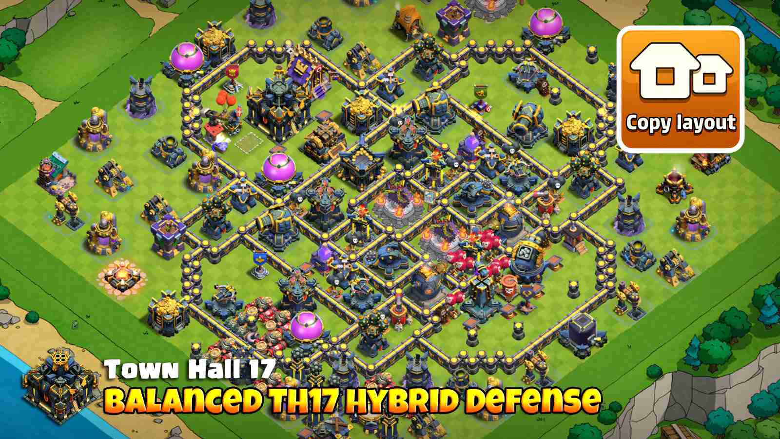 Best Town Hall 17 base with deadzone pathing near Monolith to divert troops, supported by Inferno Towers and Scattershots