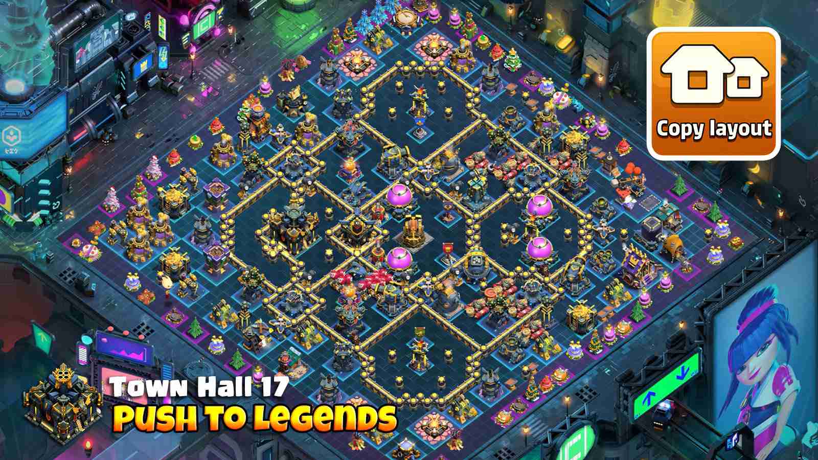 Town Hall 17 layout showing Infernos on islands defended by heroes