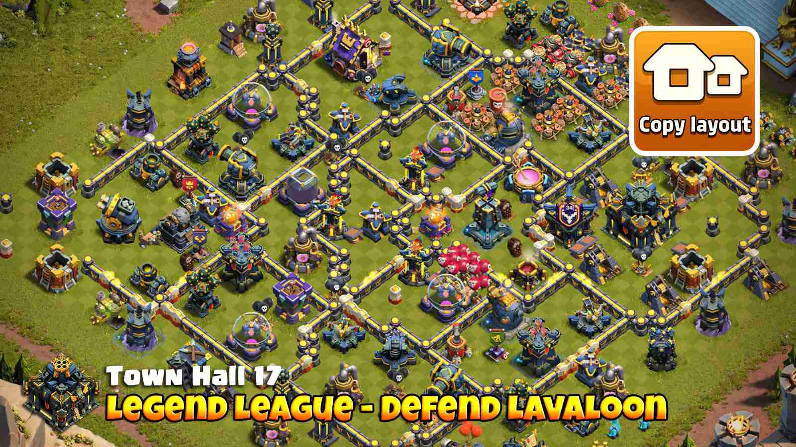 Legend League TH17 layout with double Poison Spell Towers for powerful anti LavaLoon defense in Clash of Clans