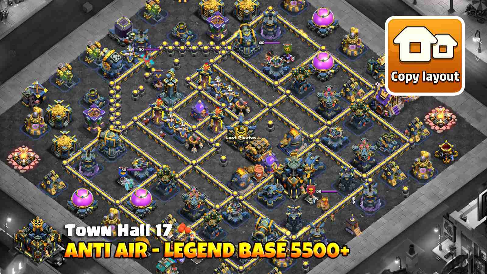 TH17 Legend League base with wide dead zones around Infernos, Monolith and Firespitters to disrupt enemy pathing
