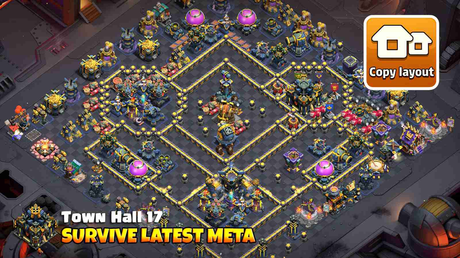 Clash of Clans TH17 base with large dead zones guiding troops around the Monolith