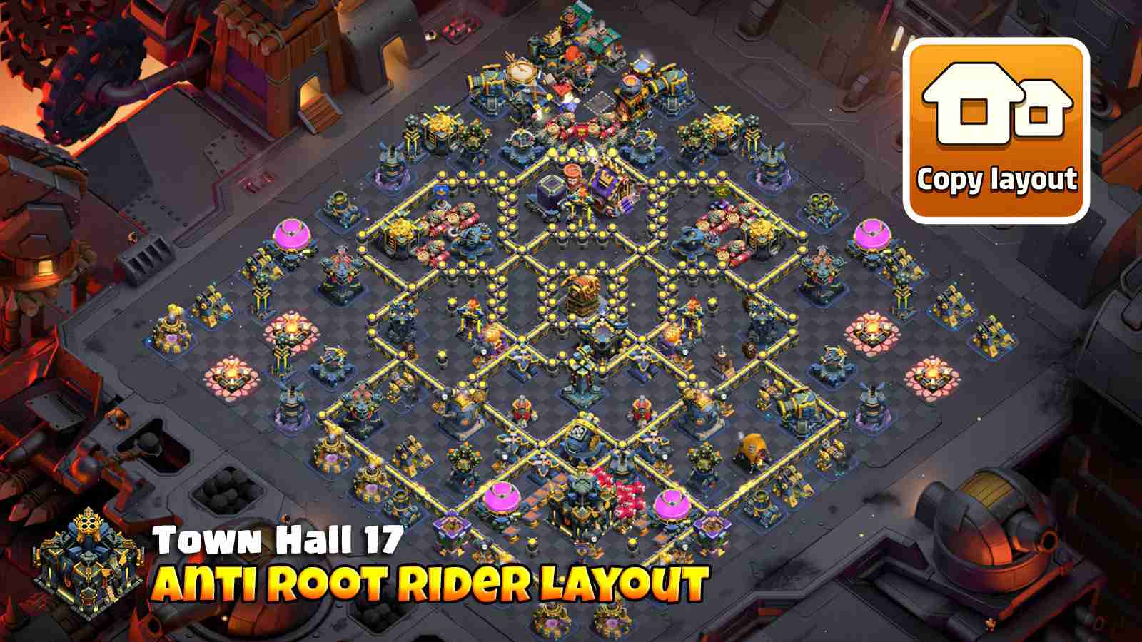 Anti Root Rider TH17 base with Infernos and poison tower combinations