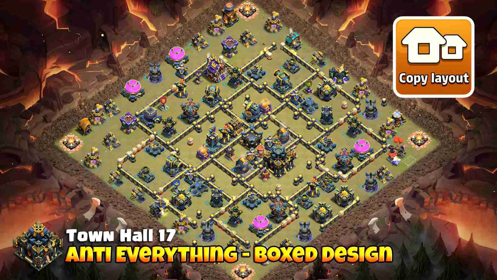 TH17 war base with poison tower near core to defend Queen Walks