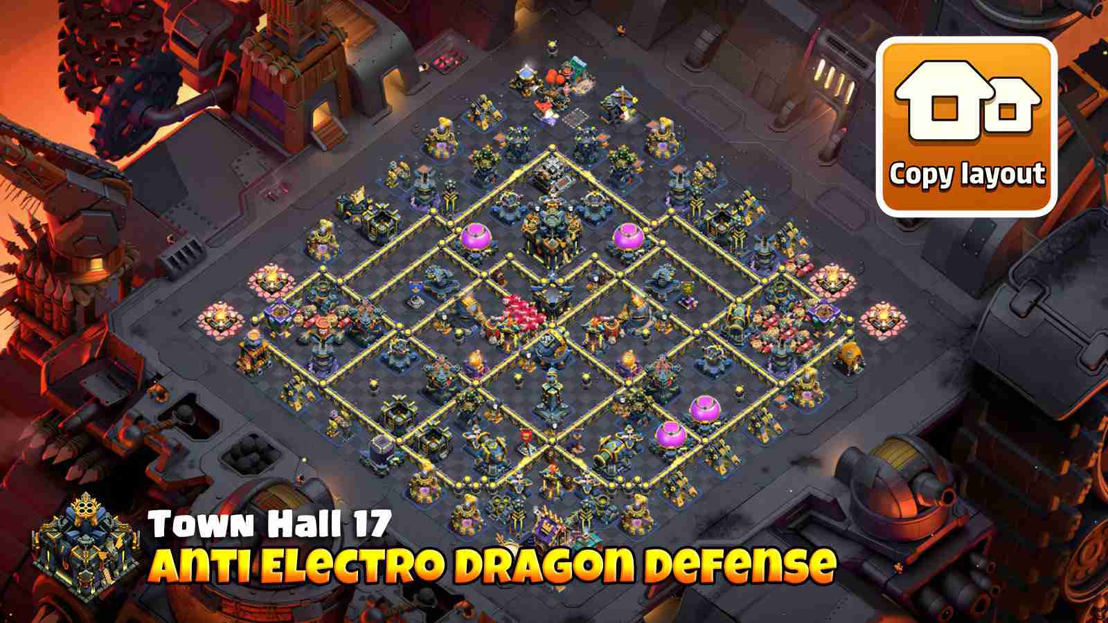 Anti E-Drag TH17 layout with strategic air sweeper and spaced defenses