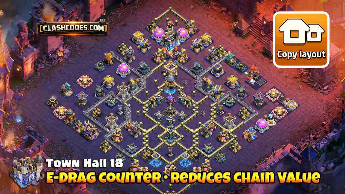 Layout with spread defenses to reduce Electro Dragon chain value and core Rage Tower boosting Infernos and Bomb Hive