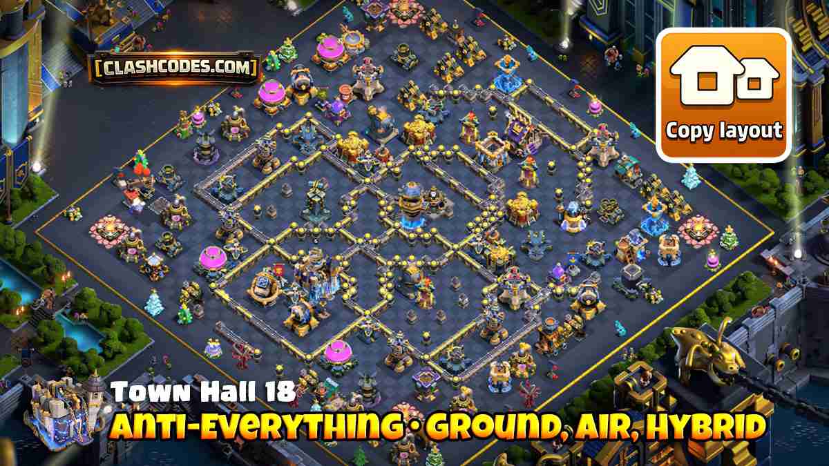 Balanced ground and air defense layout with well placed Spell Towers