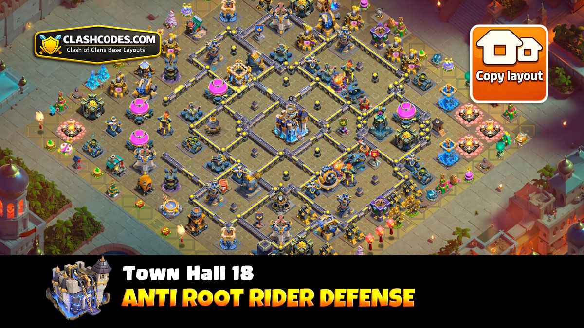TH18 base with King near Scattershot disrupting Root Rider pathing, Poison Tower covering Infernos and X-Bows to cause time fails.