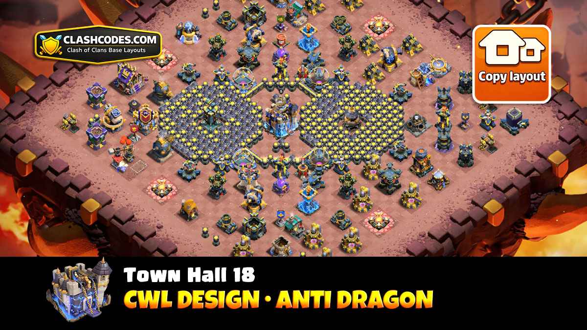 TH18 base layout with spread Air Defenses, spaced buildings to reduce Electro Dragon chains and pathing that forces air troops around the base