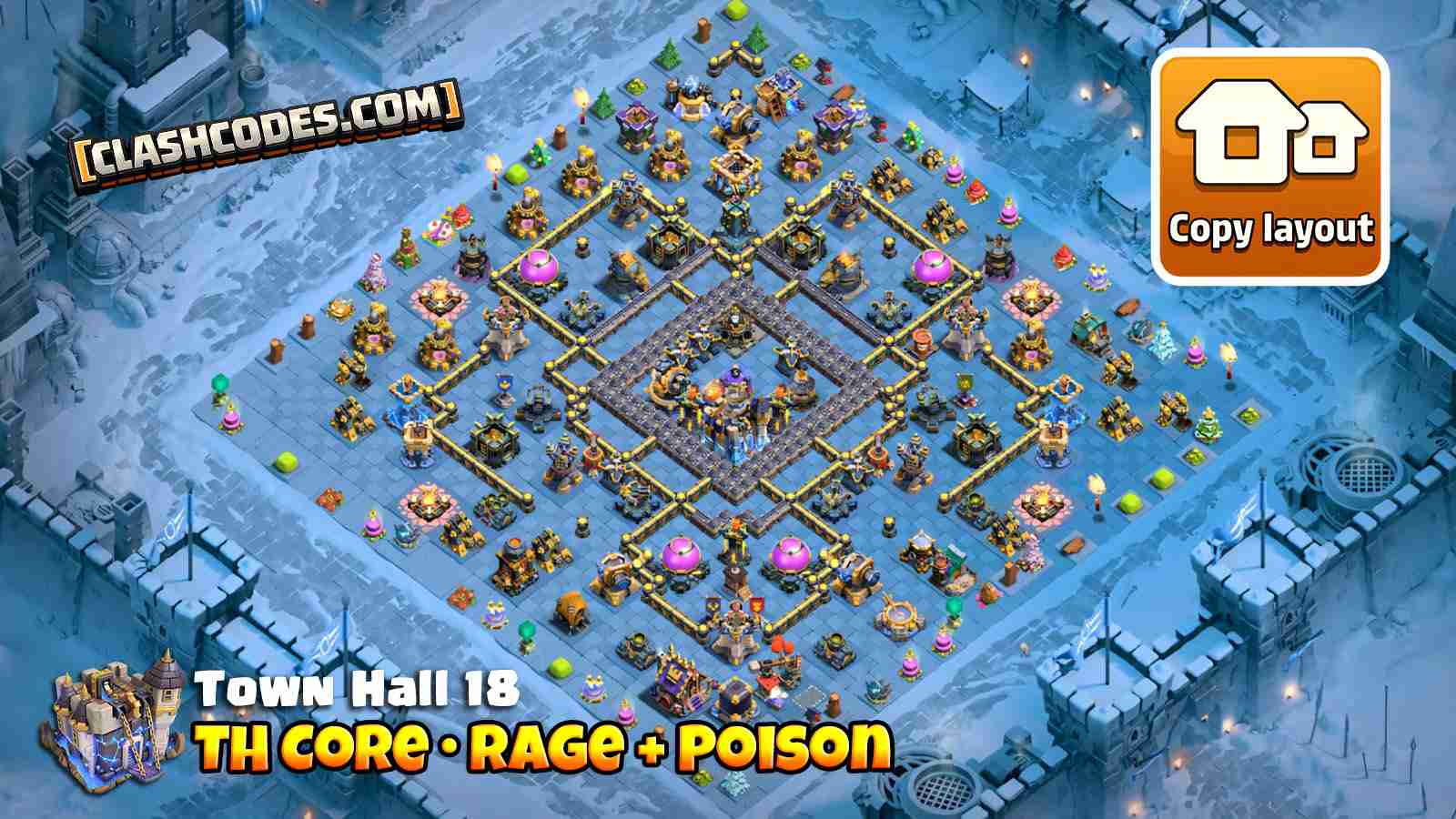 Base with Rage and Poison Towers around Town Hall core