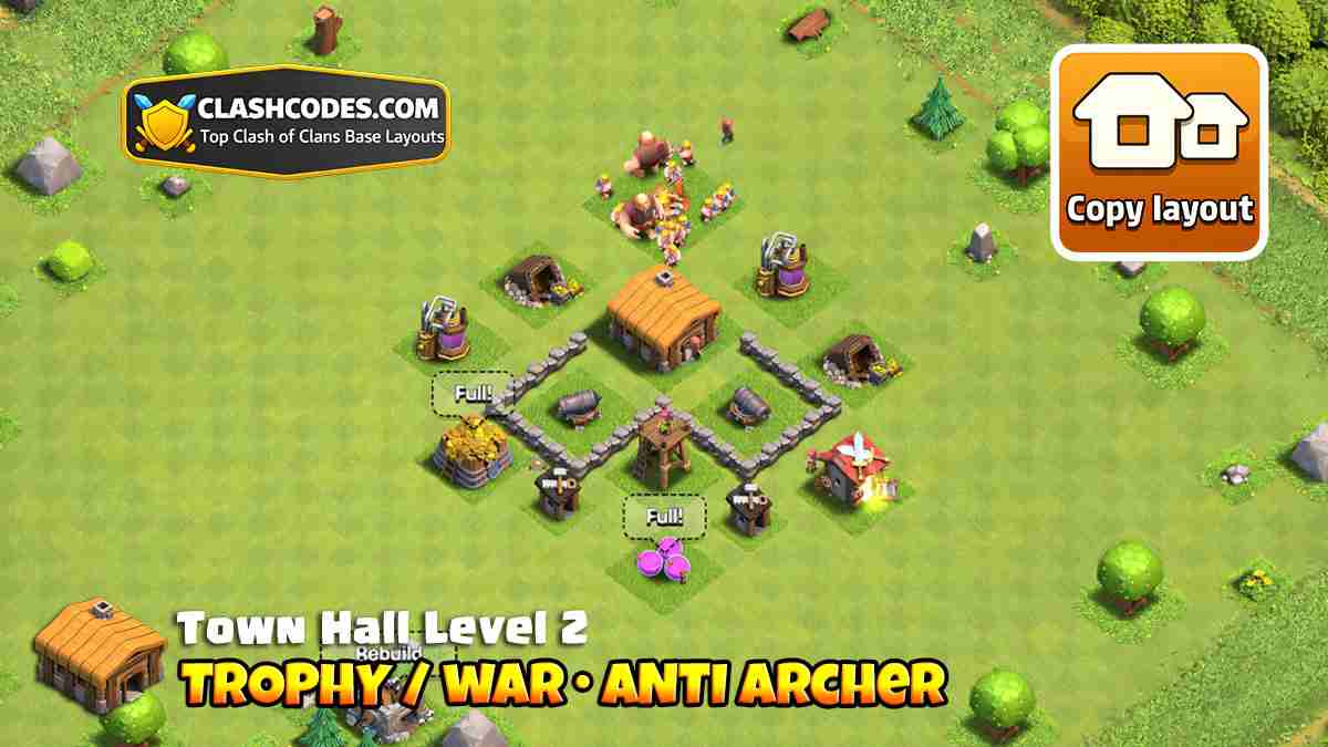 TH2 base setup designed to control troop funnels and protect key buildings for home village defense