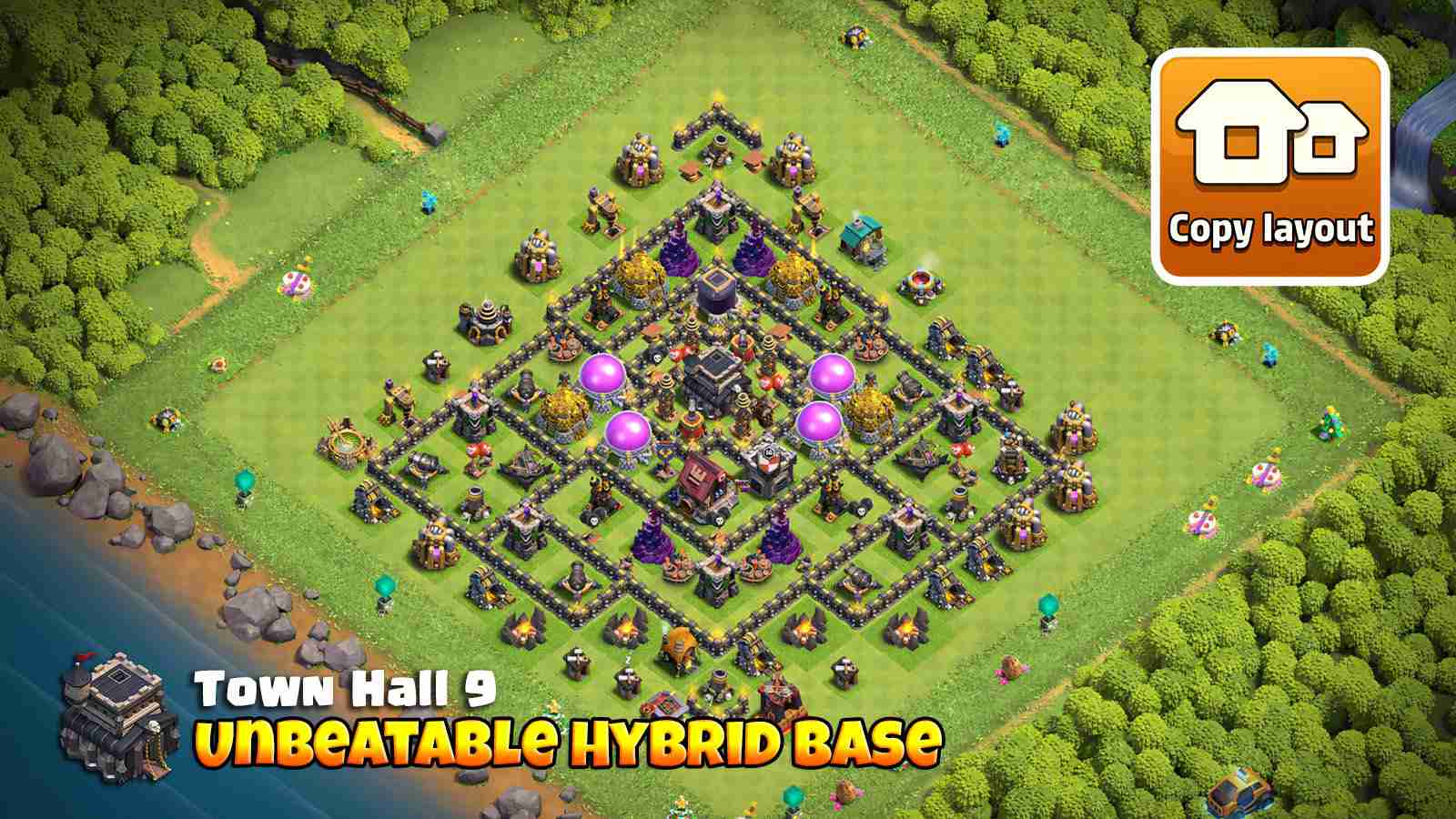 TH9 hybrid base layout for home village farming and trophy defense