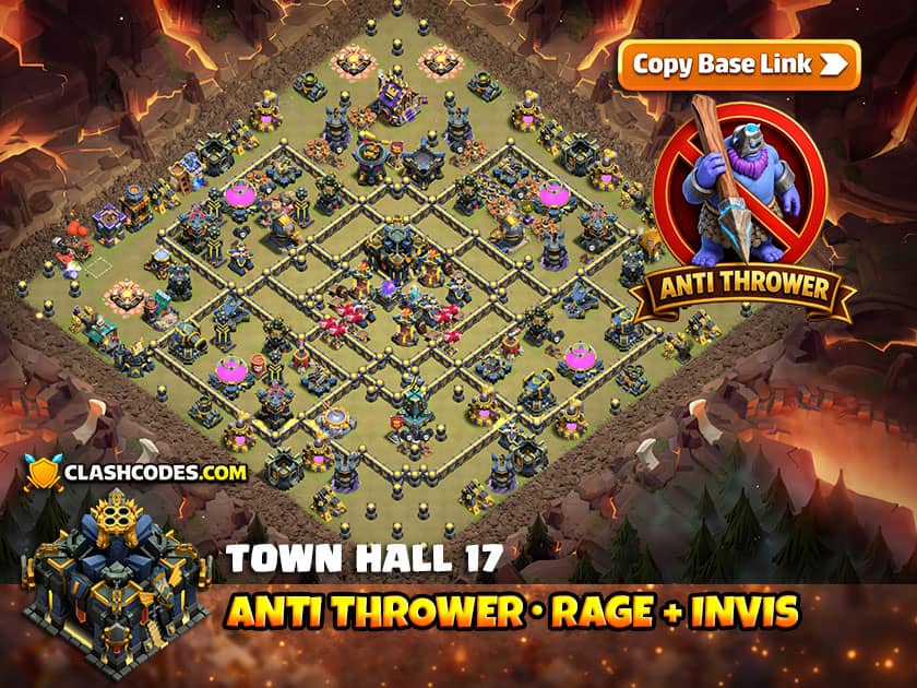 Thrower defense with (Rage + Invis) Spell Towers near Town Hall